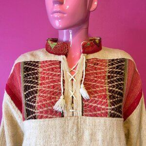 Vintage 70s M/L Maya Hand Woven Wool Brocade Pullover Outerwear Chiapas Mexico